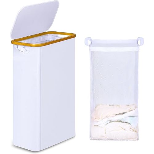60L Slim Laundry Hamper, Narrow Laundry Basket with Lid,Foldable Clothes Hamper with Bamboo Handles,Hamper Basket with Removable Inner Bag for Laundry Room Bedroom College Dorm,15.85 Gals White