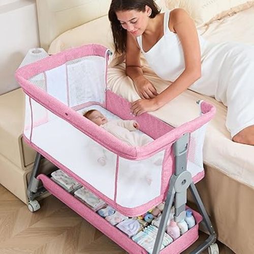3-in-1 Baby Bassinet Bedside Sleeper with Wheels Bedside Bassinet for Newborn and Infant with Mattress and Storage Basket | Adjustable Height & Angle (13.5-18") | ASTM/CPSIA Certified (Pink)