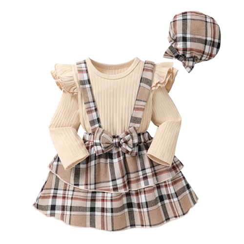 Eaerobc Infant Baby Girl Fall Outfit Ruffle Sleeve Romper Plaid Suspender Skirt Sets Layered Dress with Hat