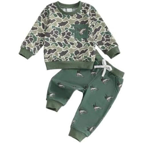 Fernvia Toddler Baby Boy Fall Hunting Clothes Wild Goose Fish Deer Print Sweatshirt Elastic Camouflage Pant Winter Outfits