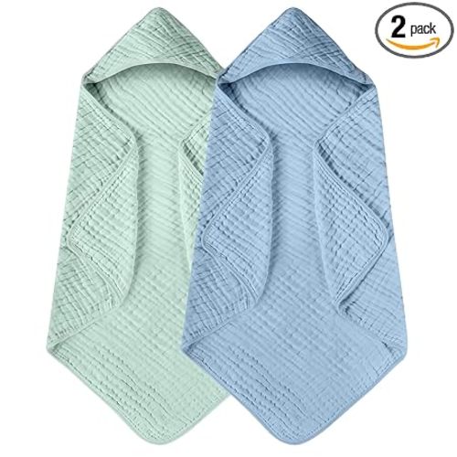 Yoofoss Hooded Baby Towels for Newborn 2 Pack 100% Muslin Organic Cotton Baby Bath Towel with Hood for Babies, Infant, Toddler and Kids, 32x32Inch, Soft and Absorbent Newborn Essential,Blue&Green