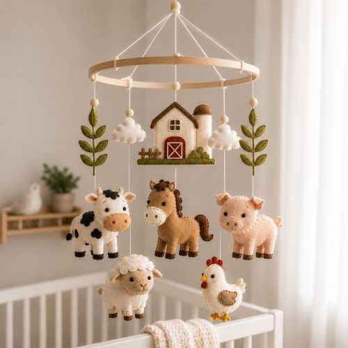Farm Baby Mobile, Farmhouse Nursery Mobile, Cow Horse Pig Sheep Chicken Mobile, Felt Barn Crib Mobile, Neutral Farm Nursery Decor