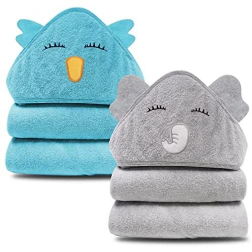 Cute Castle 2 Pack Bamboo Hooded Baby Towel - Soft Bath Towel for Bathtub for Babie, Newborn, Infant - Ultra Absorbent, Natural Baby Stuff Towel for Boy and Girl (Lovely Elephant, Happy Bird)