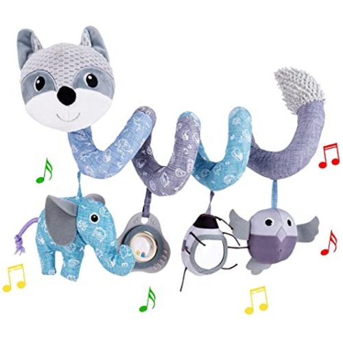 ORZIZRO Car Seat Toys, Baby Plush Spiral Hanging Toys for Stroller Crib Bar Bassinet Car Seat Mobile with Musical Owl BB Squeaker Elephant- Gray Fox