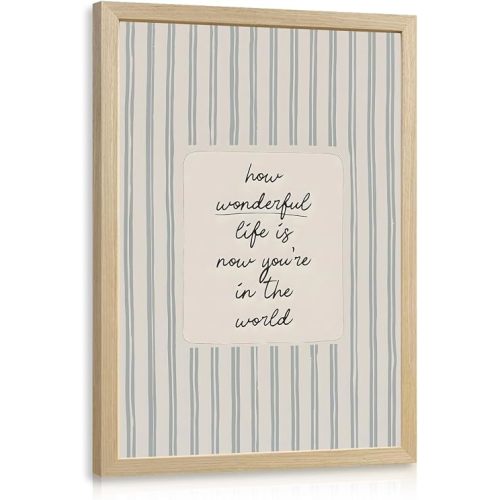YZELY Baby Nursery Quote Wall Art, How Wonderful Life Is Now You're in the World Wall Decor, Blue Stripe Neutral Poster Print, Minimalist Inspirational Artwork for Kids Room Newborn 12x16 Inch