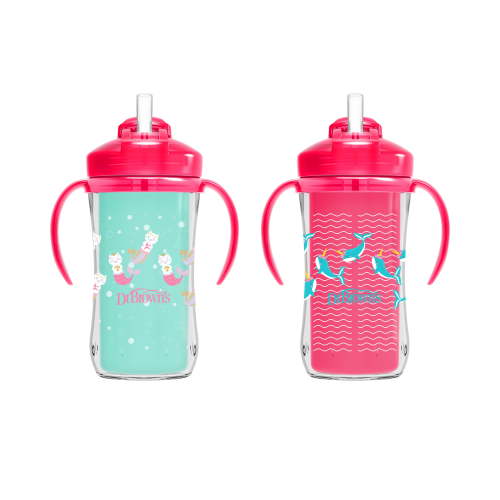 Dr. Brown's Milestones Insulated Sippy Straw Cup with Handles, Pink/Green, 10 oz, 12m+, 2 Pack