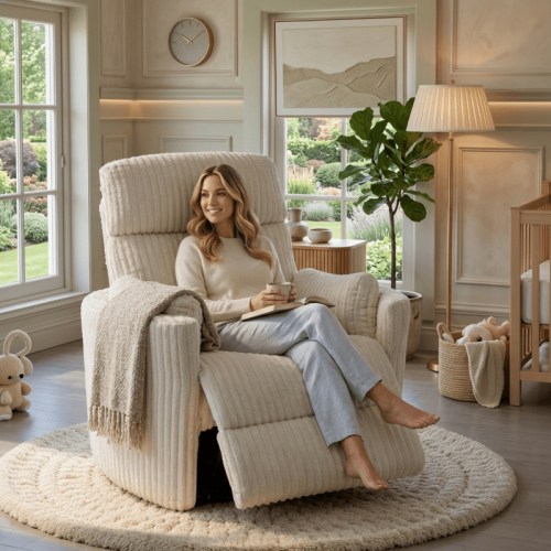 Swivel Nursery Glider Rocker Recliner with 2 Pillows, Comfy High-Back Armchair for Small Spaces, White