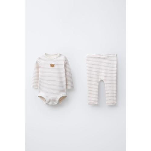 BEAR PATCH AND STRIPED BODYSUIT AND LEGGINGS SET - Mink | ZARA - 0-1mo.