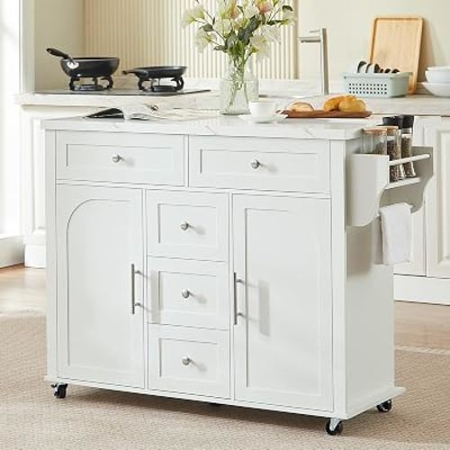 ONBRILL 47" Kitchen Island with 2 Storage Cabinets & 5 Drawers, White