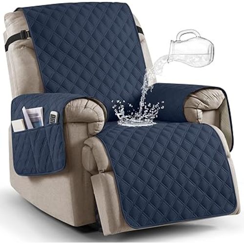 Ruaozz 100% Waterproof Recliner Chair Covers, Non-Slip Reclining Covers for Recliner Chair Washable Chair Cover, Recliner Covers with Pockets for Kids, Dogs, Pets (Navy Blue, 23'')