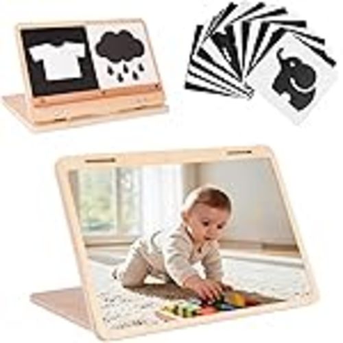 IEATFO Tummy Time Play Set Adjustable Angle, Double-Sided Design, Montessori Tummy Time Toys Large Baby Safe Mirror and Card Display Stand with Black and White High Contrast Baby Cards : Toys & Games
