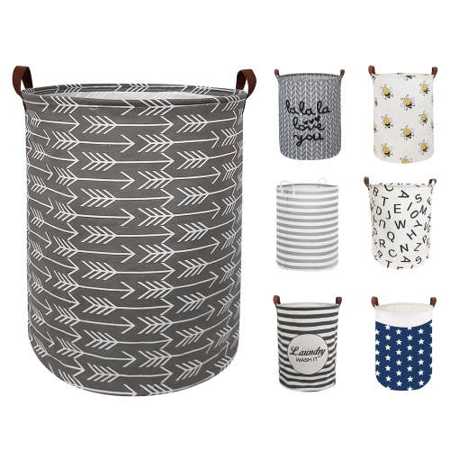 Sortora Large Laundry Basket, Waterproof Canvas Laundry Hamper, Collapsible Storage Basket Bin for Kids Room, Toy Organizer, Nursery Hamper, Clothes Hamper, Gray Arrows