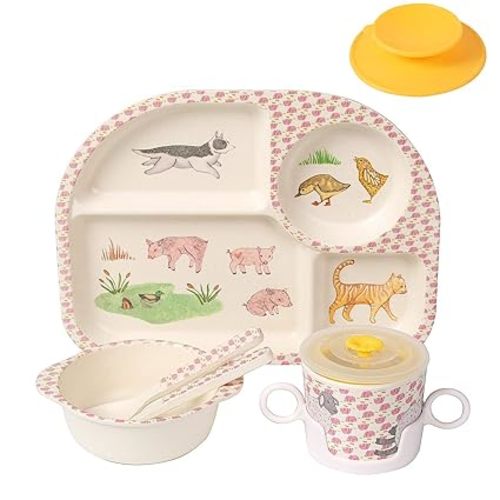 shopwithgreen 7Pcs/Set Bamboo Kids Dinnerware Set - Children Dishes - Food Plate Bowl Cup Spoon Fork Set Dishware, Cartoon Tableware, Dishwasher Safe Kids Healthy Mealtime, BPA Free