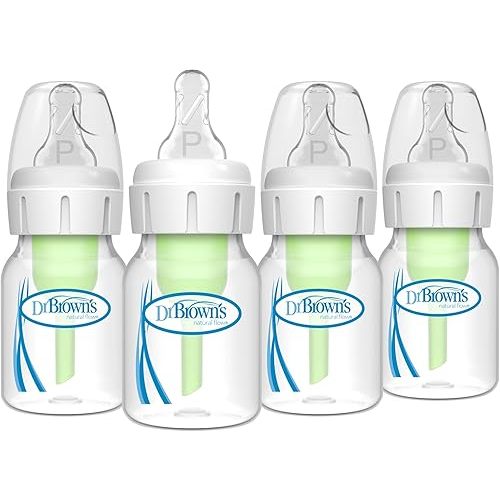 Dr. Brown's Natural Flow Anti-Colic Options+ Narrow Baby Bottle, 2 oz/60 mL, with Preemie Flow Nipple, 0m+, 4 Pack