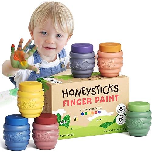 Honeysticks Non Toxic Finger Paint (6 Bright Colors), Washable from Skin, Safe Finger Painting for Toddlers, Kids Ages 1-3, 2-4, 3-5, Perfect First Paint for Little Artists Age 1+, Water Based, Eco