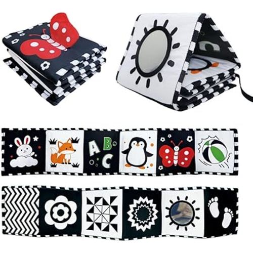 Aila+Aiden Baby Toys, Tummy Time High Contrast Newborn Toys 0-3 Months, Soft Cloth Foldable Baby Book, Visual Stimulation Montessori Sensory Infant Baby Book (Black White and Colorful)