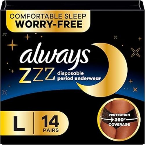 Always ZZZ Overnight Disposable Period Underwear for Women, Large, 360° Coverage for Worry-Free Nights, 14 Count (2 Packs of 7)