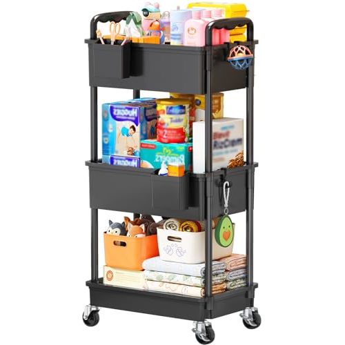 SUNALLY Baby Diaper Caddy Cart, 3 Tier Rolling Diaper Cart with Lockable Wheels for Nursery Essentials, Large Capacity & Easy Assemble Diaper Storage Organizer for Newborn,New Mom, Black