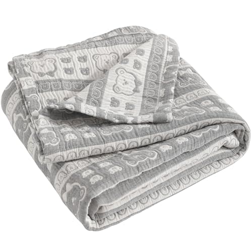 NTBAY 3 Layer Muslin Cotton Toddler Blanket, Jacquard Reversible Nursery Bed Blanket, Super Soft and Thermal for All Seasons, Decoration Gift, 30"x40", Dark Grey Bear