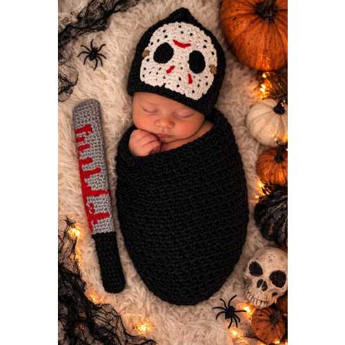 Halloween Baby Costume Slasher Cocoon Horror Newborn Photo Prop Crochet Mask Hat & Machete  Spooky Baby Outfit horror slasher camp photo pro