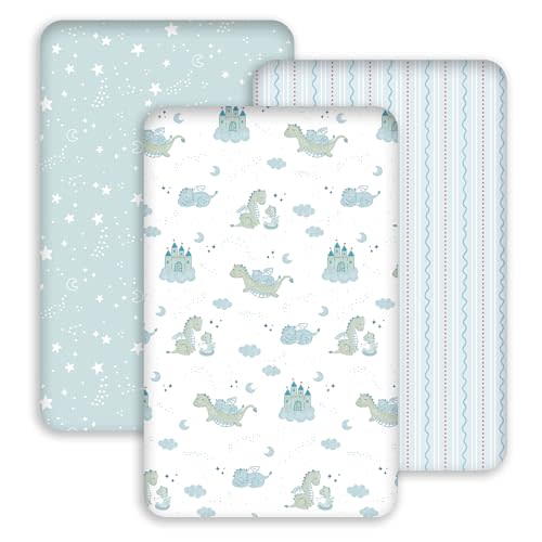 Baby Bassinet Sheets 33x20 for Baby Delight, Newton,Airclub,Maxi Cosi,Angelbliss,Dream on Me,Mika,Harppa,Amke,ezebaby Rectangle Bassinet Mattress - Blue Dinosaur 3 Pack Boy