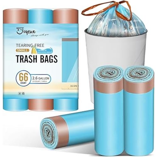 JOYEUX 2.6 Gallon Small Trash Bags, No-Tearing Drawstring Mini Garbage Bags for Bathroom Kitchen, Beachside Breeze Scent, 66 Count