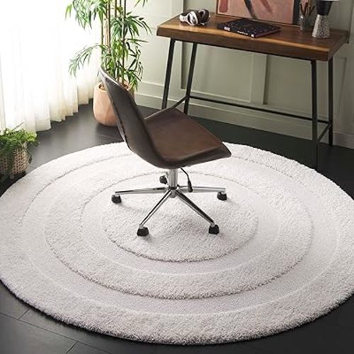 SAFAVIEH Florida Shag Collection Area Rug - 6'7" Round, Creme & Creme, Border Design, Non-Shedding & Easy Care, 1.2-inch Thick Ideal for High Traffic Areas in Living Room, Bedroom (SG454-1111)