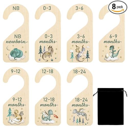 R HORSE Wooden Baby Closet Dividers - 8Pcs Dragon Baby Closet Organizer, Double-Sided Newborn Clothes Size Hanger Dividers, Nursery Decor Birthday Gift for Boy Girl (0-24 Months)