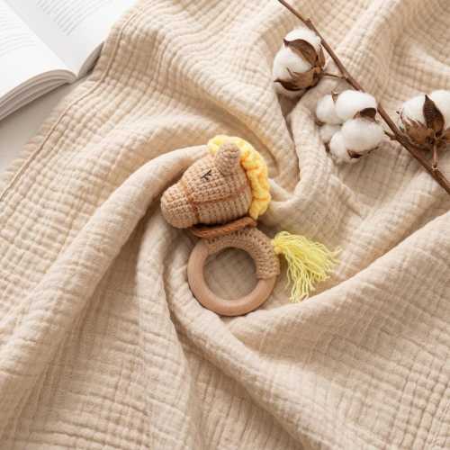 Crochet Horse Rattle, Handmade Baby Wood Ring Toy, Western Cowboy Baby Shower Gift, Gender Neutral Newborn Horse Rattle