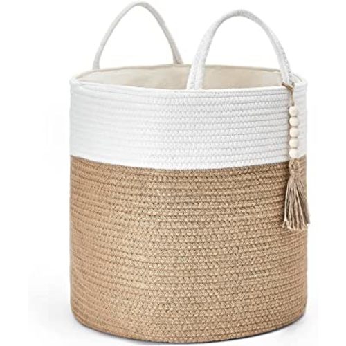 Mkono Woven Storage Basket Decorative Rope Basket Wooden Bead Decoration for Blankets,Toys,Clothes,Shoes,Plant Organizer Bin with Handles Living Room Home Decor, 15"Wx17.7"L,White and Yellow