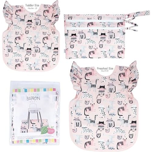BapronBaby Kitty Flutter Grow With Me Bundle – Waterproof Bapron Baby Bibs, Splash Mat & Wet Dry Bag for Mealtime, Play & Travel - Stain Resistant Bib - Machine Washable