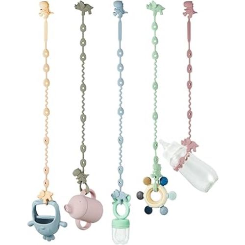 PandaEar Baby Toy Straps - 5 Pack Dinosaur Silicone Pacifier Teether Harness Straps - Adjustable Baby Toy Holder for Bottles, Strollers, High Chairs, Cribs