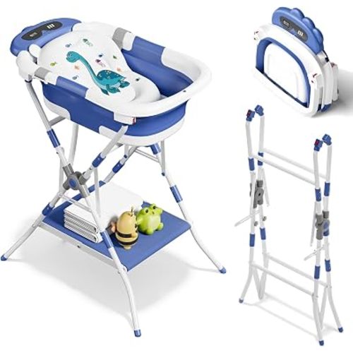 2-in-1 Baby Bath with Stand, Foldable Dinosaur Bathtub for Infant to Toddler, Portable Travel Tub with Soft Cushion for 0-18 Months, Navy Blue