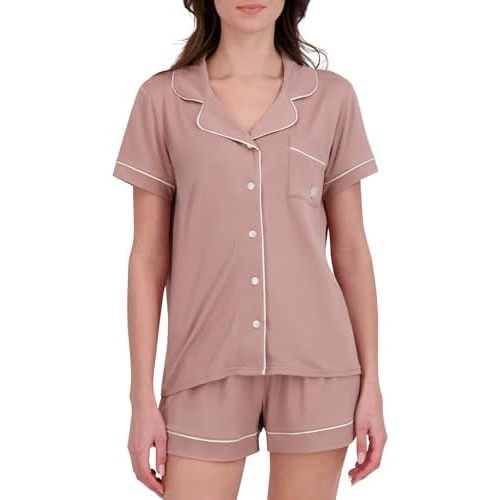 BORN Womens Pajama Sets Shorts, Recycled Stretch Knit Matching PJ Set for Women with Button Down Pajama Top and PJ Shorts