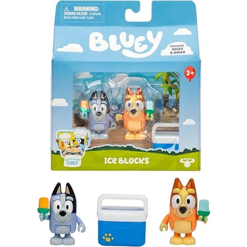 Bluey Let's Play Chef 2-Pack Toy Figure Playset, Ice Blocks Bingo and Socks Toddler Figurine Toys Set, Poseable Figurines for Kids Ages 3-5