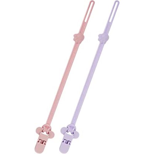 Silicone Pacifier Holder Clips for Baby Girls, 2 Pack Neutral Newborn Teething Paci Leash Straps Stretchable Cord Toys, Adjustable Length(Pink&Purple)