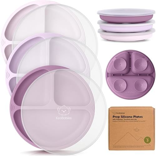 KeaBabies Suction Plates with Lids for Baby - 3-Pack 100% Silicone Suction Plates for Baby, Kids,Toddler Plates,Divided Baby Plates with Suction,Lids, BPA-Free, Microwave, Dishwasher Safe (Amethyst)