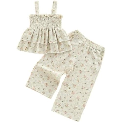 Toddler Baby Girl Clothes Sleeveless Smocked Ruffle Tank Tops and Long Pants Summer Little Girls Outfits