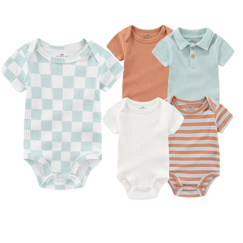 ZAVBABY Baby Boy Girl Short Sleeve Bodysuits New Born 100% Cotton Clothes 5-Pack 0-12M
