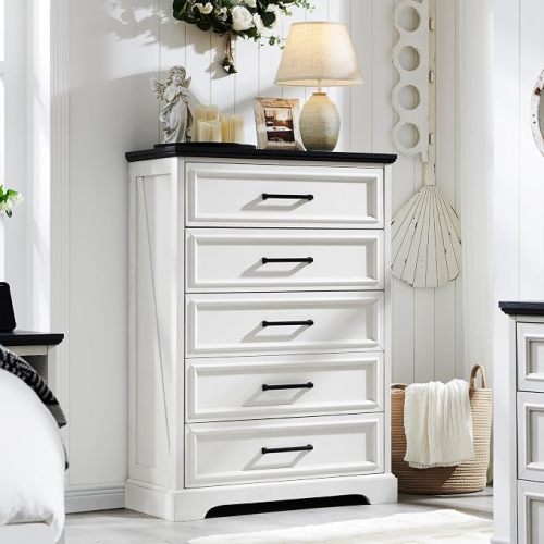 Farmhouse 5 Drawers Dresser Chests for Bedroom, Antique White