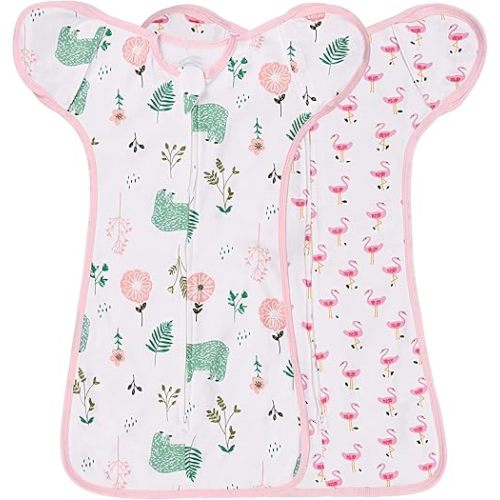 2 Pack Transition Swaddle with 2 Way Zipper, 2 in 1 Arms in/Out Transitional Arms Up Swaddle, 100% Cotton Newborn Swaddles Zipper Swaddles Baby Swaddling Sack Sleep Sack 0-3 Months, Flamingo & Bear