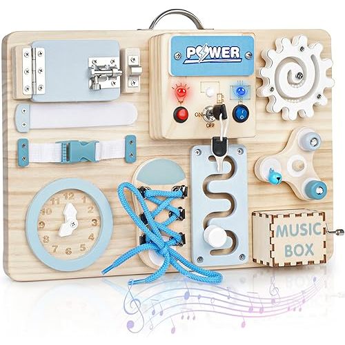 Joyreal Montessori Busy Board with LED Lights, Autism Sensory Travel Toys, Fidget Board Ideal Gift for Boys Girls Wooden Toddler Toys