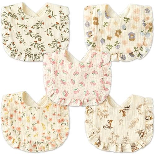 Zainpe 5Pcs Snap Muslin Cotton Baby Drooling Bibs with Flounce Lace Absorbent Layers Soft Burp Cloths for Infant