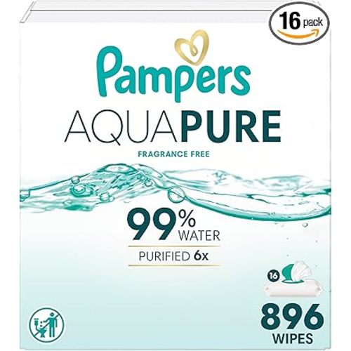 Pampers Aqua Pure Baby Wipes, 99% Water, Fragrance Free, Unscented, Water Based, Multi-Use, 896 Wipes Total (16X Flip-Top Packs) [Packaging May Vary]