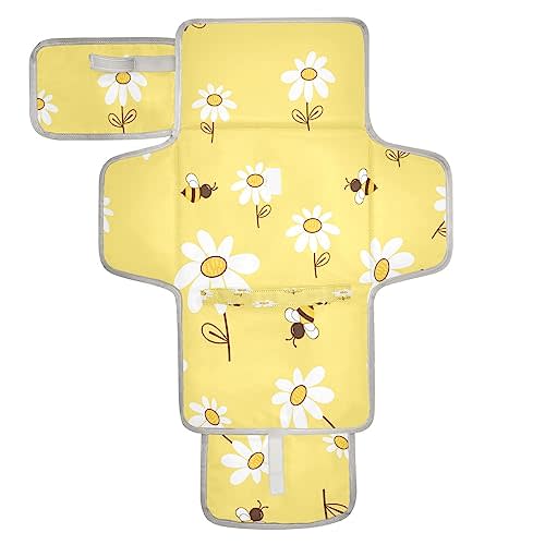 foixnub Daisy Flower Flying Bees Baby Portable Changing Pads Yellow Cute Floral Newborn Diaper Changing Mat Reusable Diaper Changing Station for Baby Toddlers Girls Boys Shower Gifts