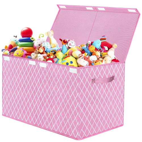 Toy Box Chest Organizer Bins for Girls Boys, Kids Large Fabric Collapsible Storage Basket Container with Flip-Top Lid & Handles for Clothes,Blanket,Nursery,Playroom,Bedroom (Pink)