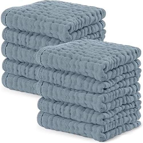 Comfy Cubs Muslin Baby Washcloths 10 Pack - Soft 6-Layer Cotton Wash Cloths for Sensitive Skin - 10"x10" Large, Gentle, Absorbent Infant Essentials for Newborn and Toddlers - Pacific Blue