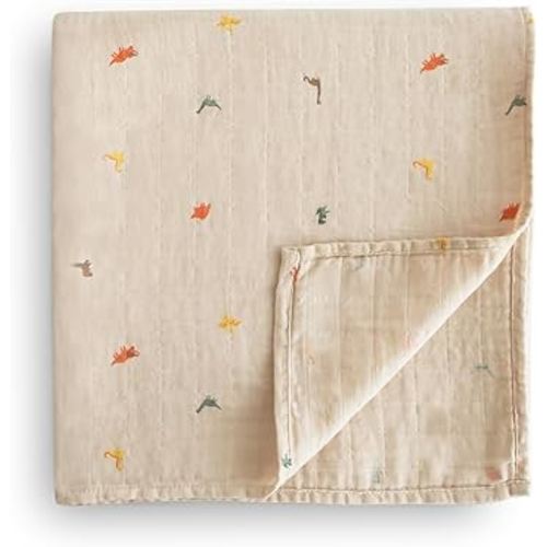 mushie Muslin Baby Swaddle Blanket | 100% Organic Cotton (Dinosaurs)