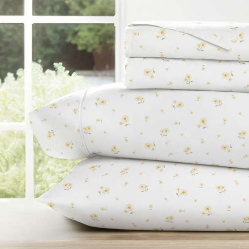 Noble Linens 4 Piece Ditsy Pattern Microfiber Bed Sheets, Yellow Daisies, King