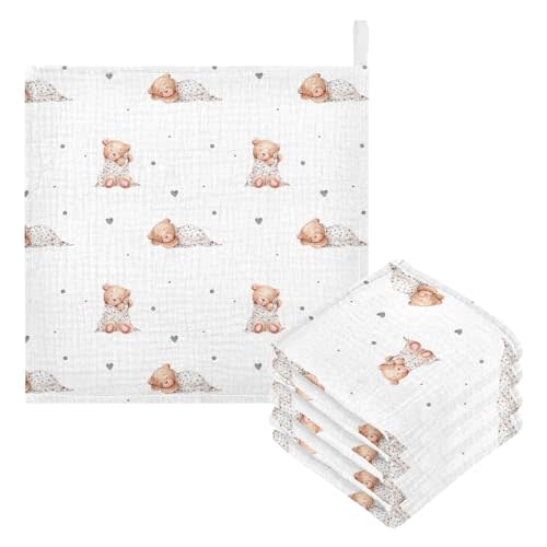 vvfelixl Baby Washcloths Cotton Cute Sleeping Teddy Bears Baby Muslin Washcloths Soft Baby Face Towel for Newborn Infants Baby Wipes, 11.8 X 11.8 inch, one sizex5